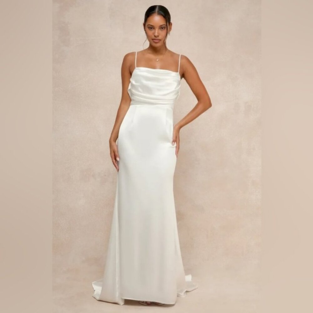 Lulus Lovely Endearment White Satin Sleeveless Backless Maxi Dress
